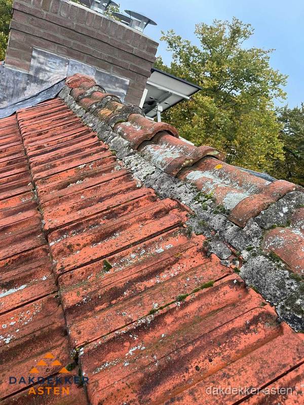 Verweerd hellend dak met mosgroei op nokvorst in Asten Verweerd hellend dak met mosgroei op nokvorst in Asten