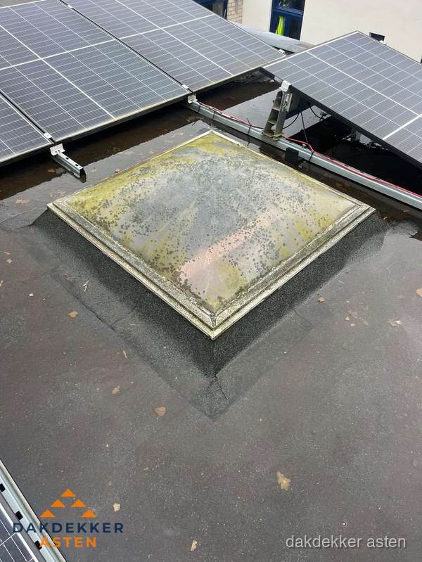 Vervuilde lichtkoepel op plat dak met zonnepanelen in Asten Vervuilde lichtkoepel op plat dak met zonnepanelen in Asten